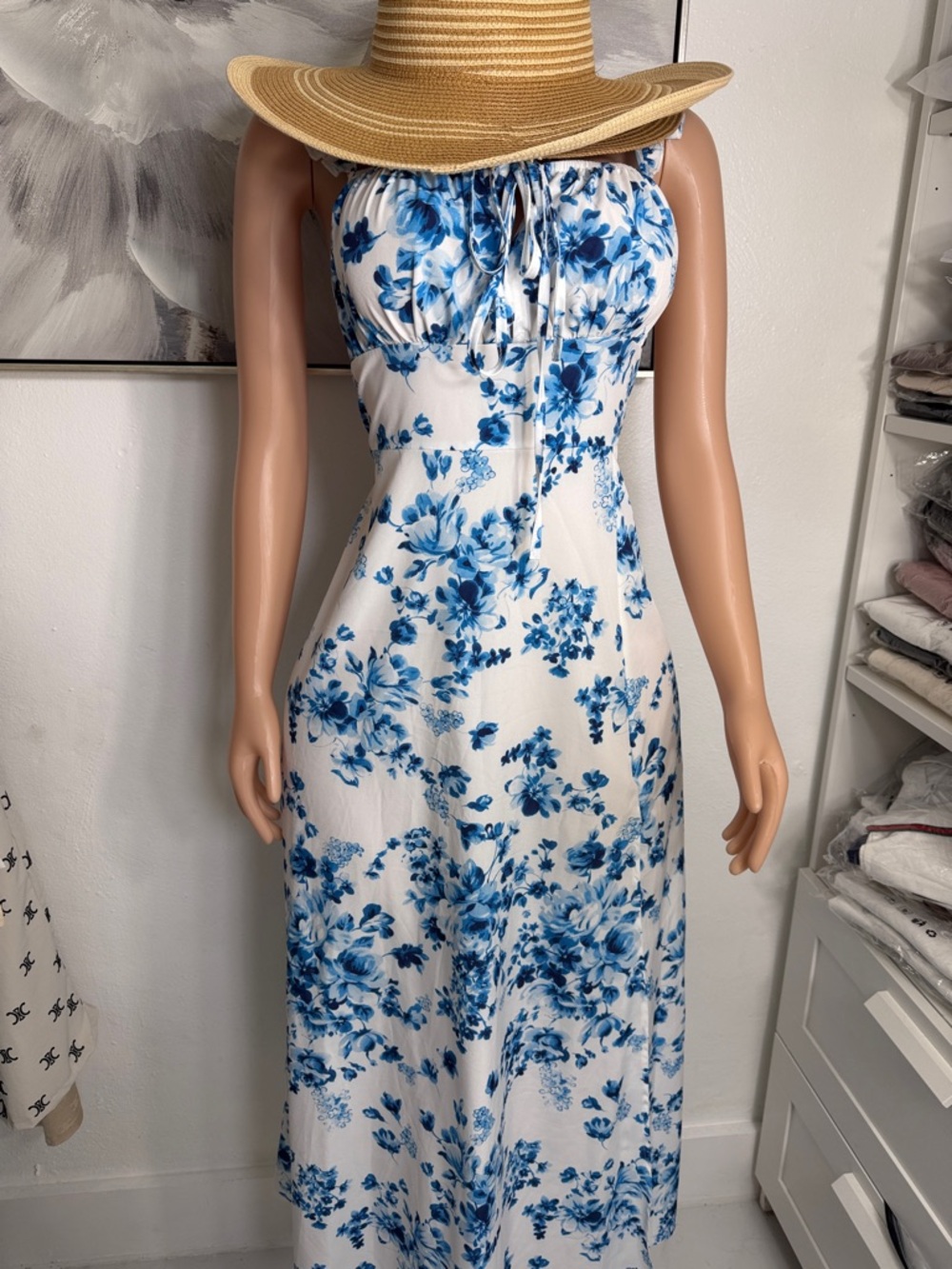 SHEIN White and Blue Floral Smocked Maxi Dress